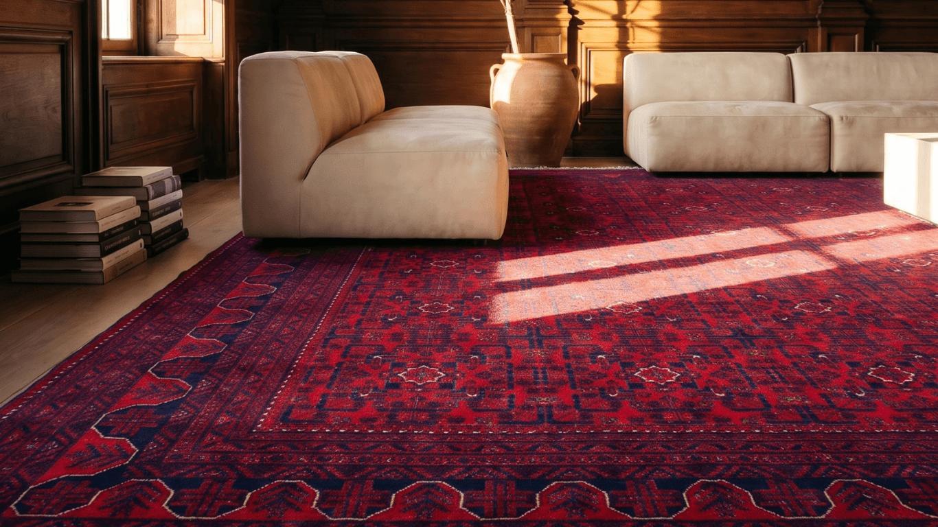A red hand-knotted rug on a timber floor beside a pale sofa