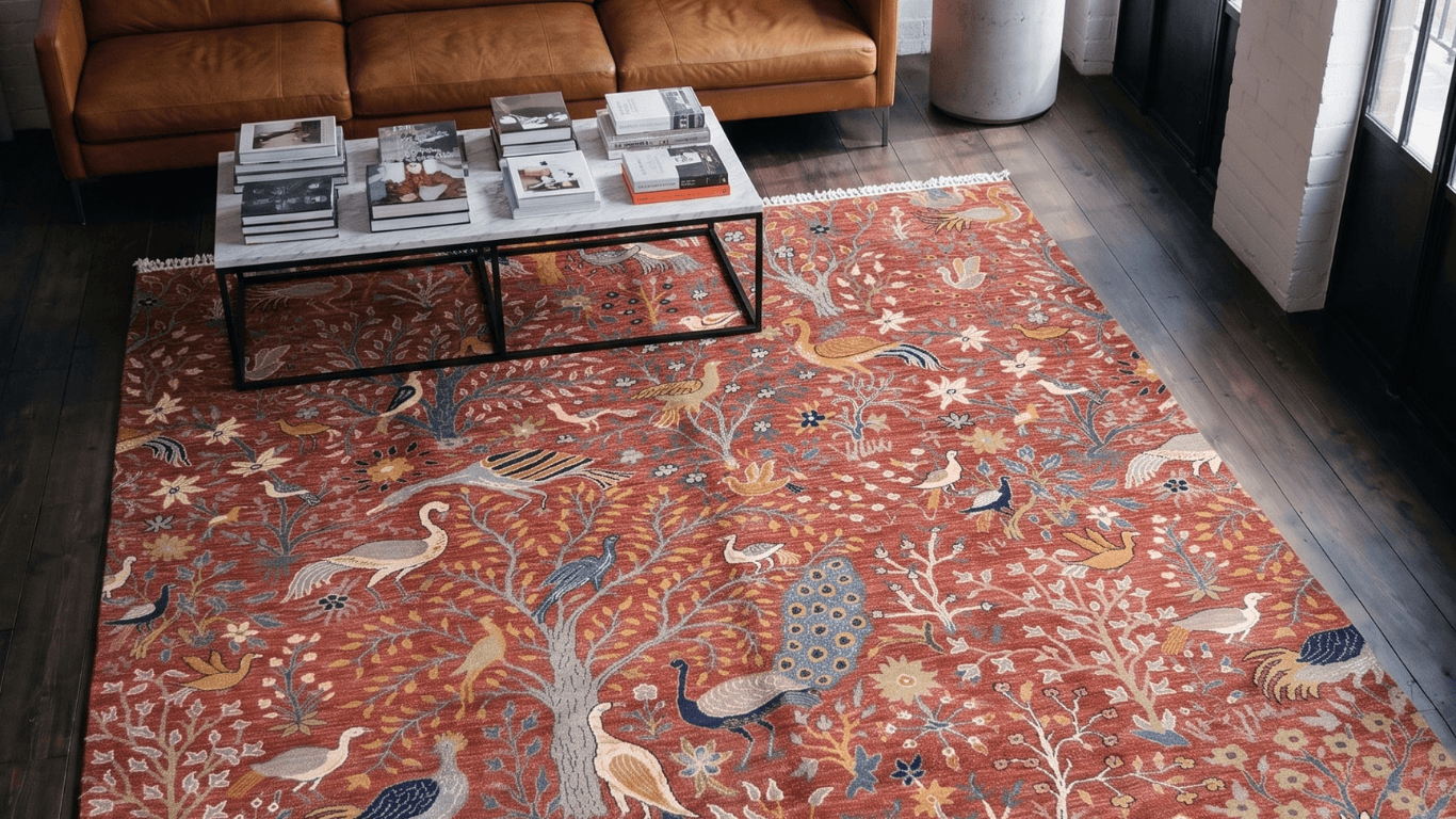 A red rug drawn with a tree and birds, under a coffee table in a timber-floored living room