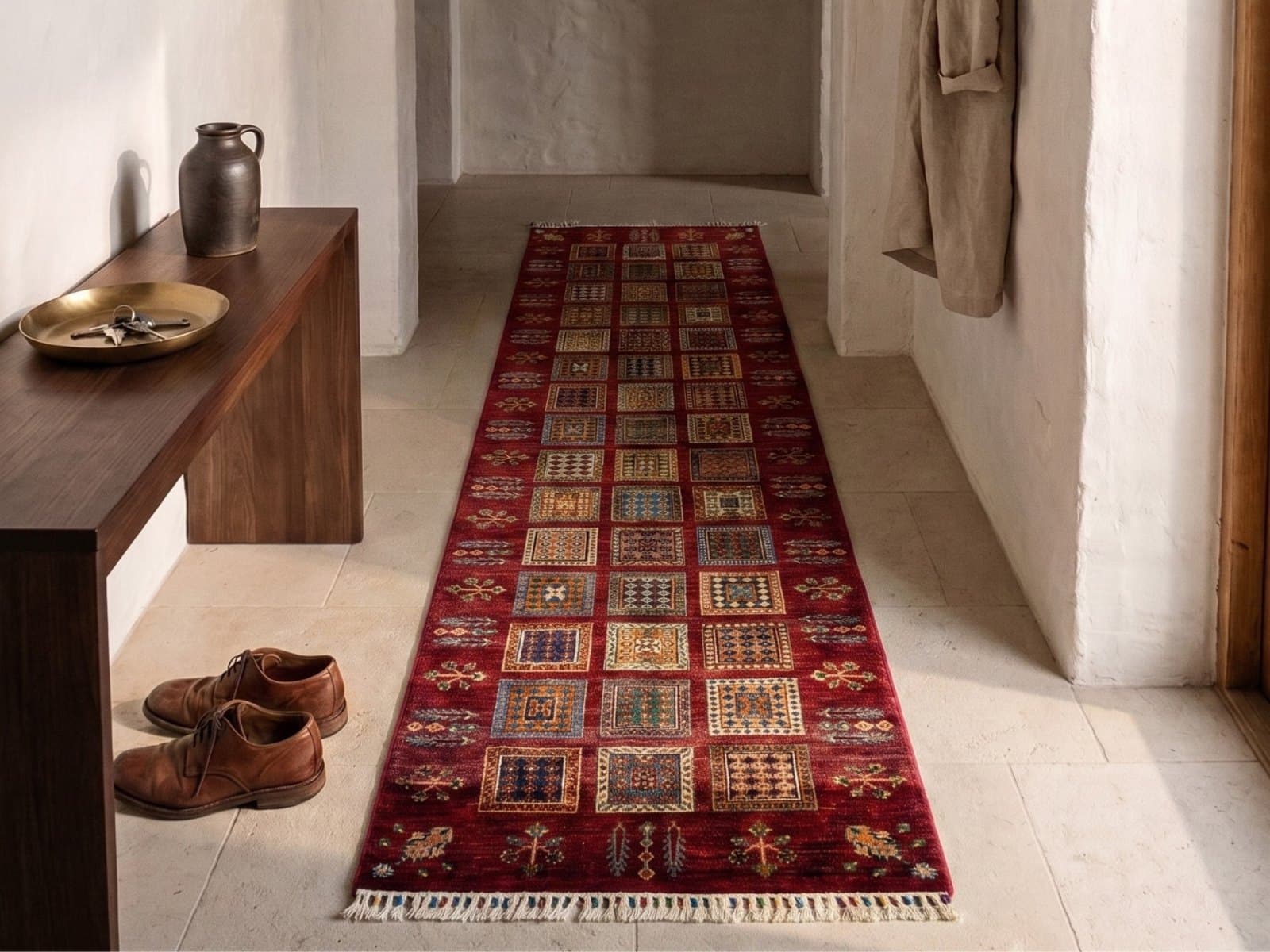 A red runner along a plastered hallway beside a console table