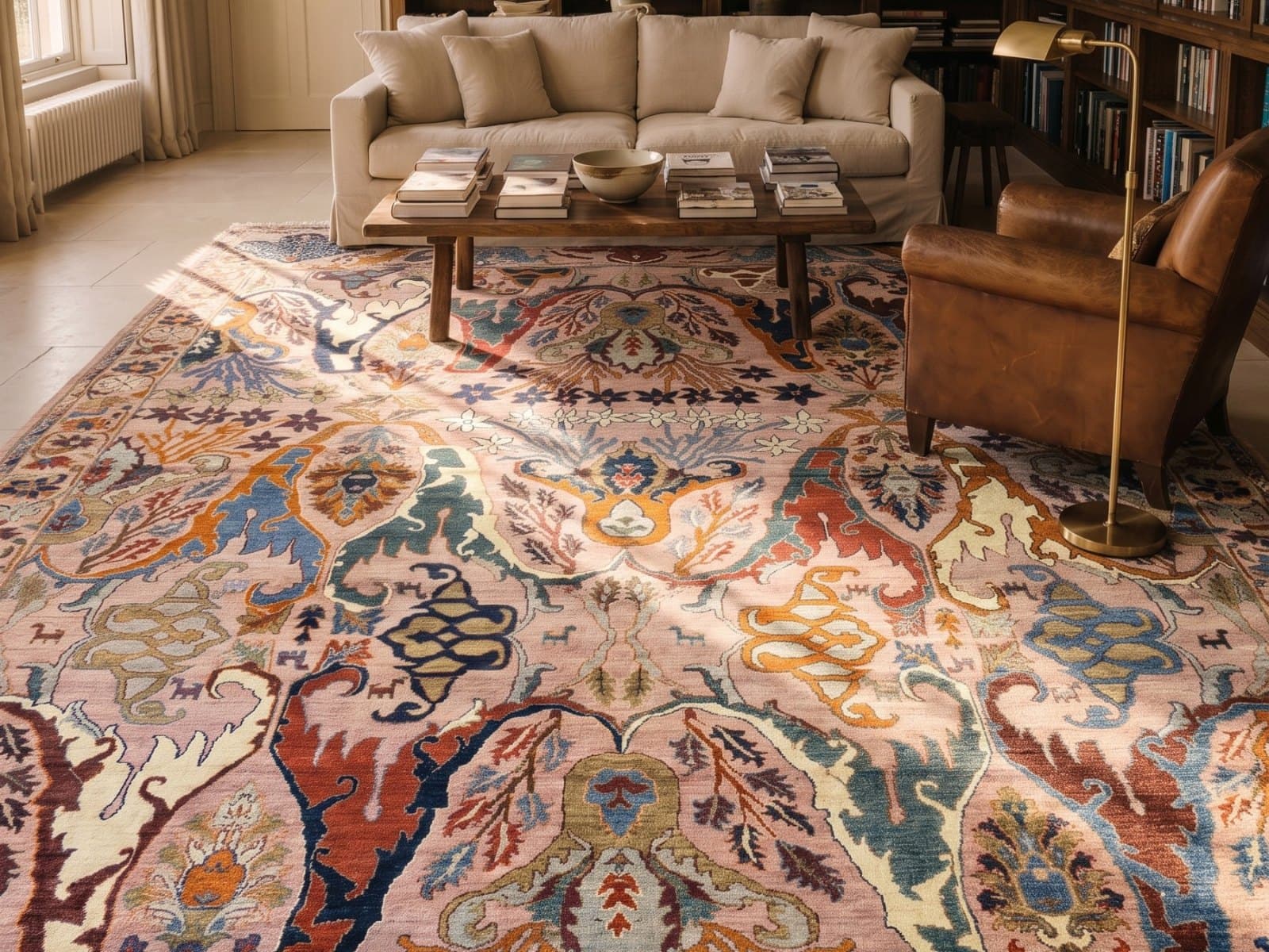 A pale rose rug in a book-lined room with a leather armchair
