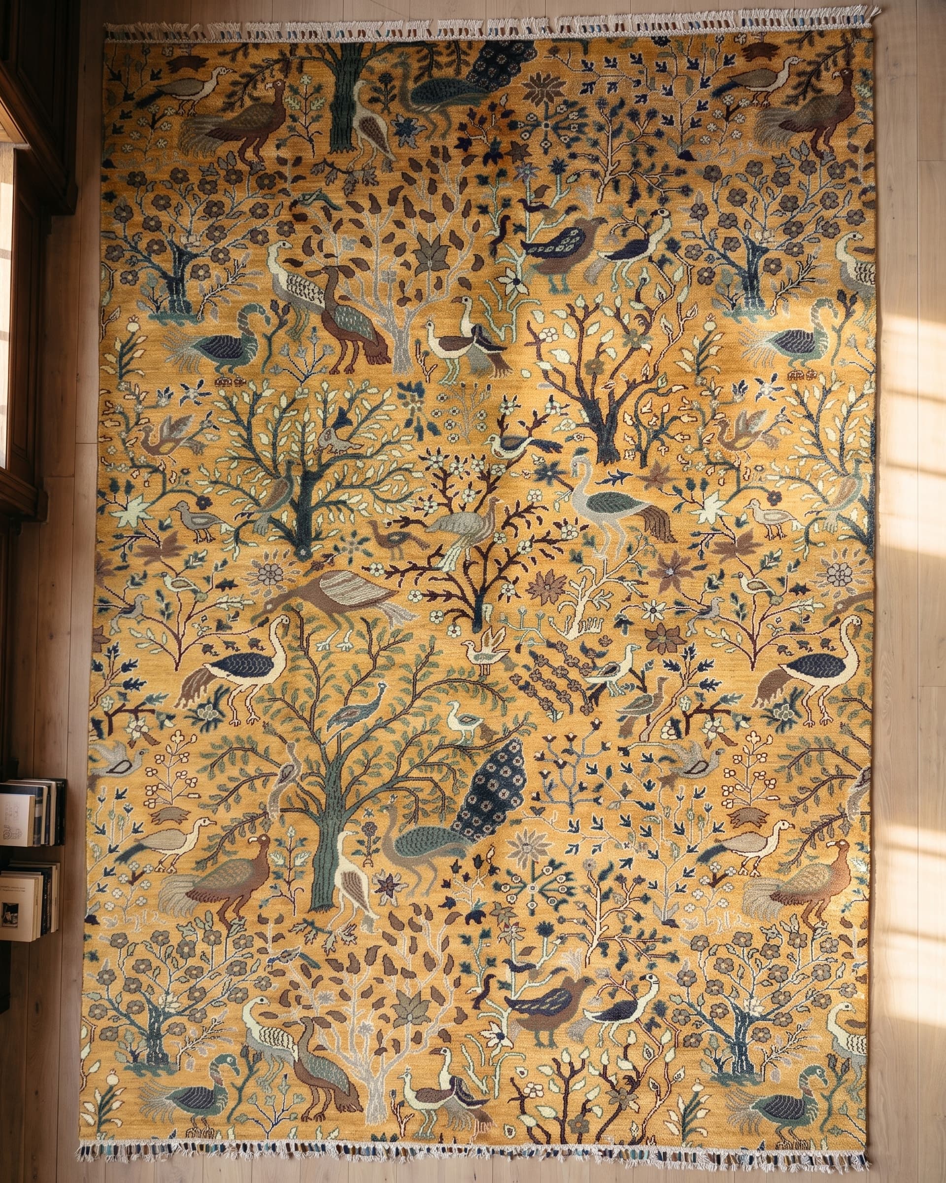 A tree of life rug in gold: birds and blossom among the branches of one tree, on a wooden floor in afternoon light