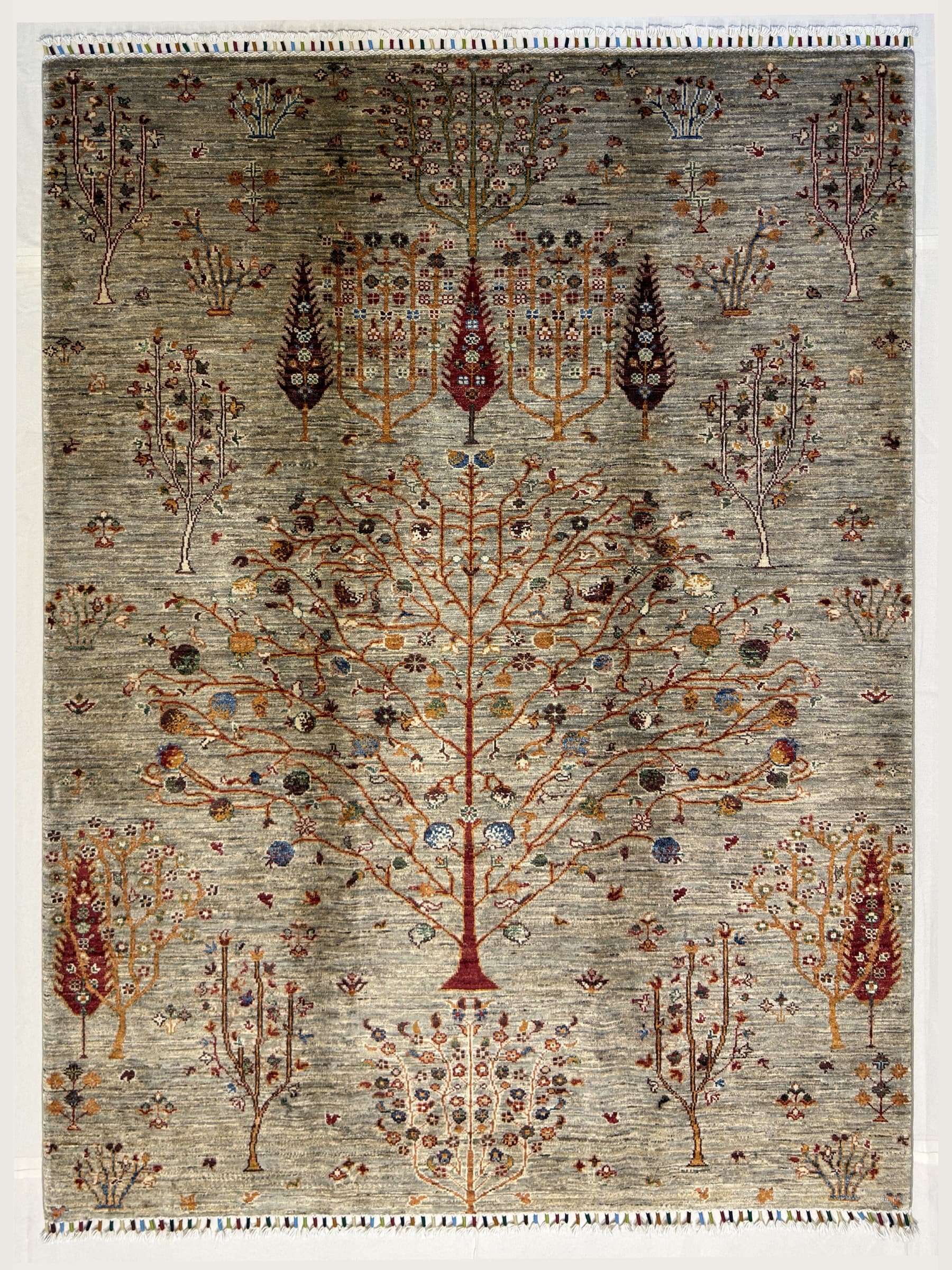 Grey Grey Tree of Life Hand-Knotted Wool Rug