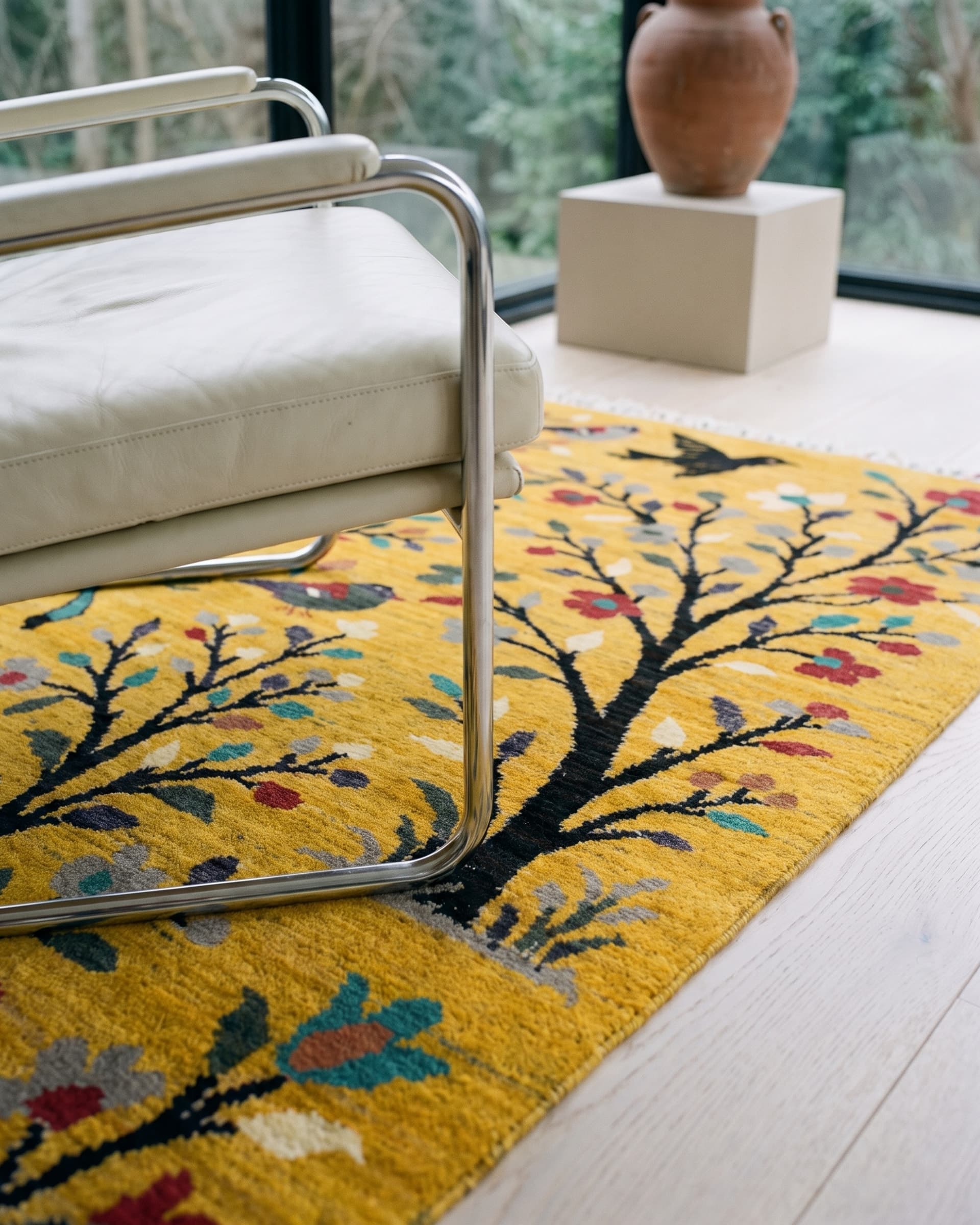 Gold Pictorial Hand-Knotted Wool Rug — Detail