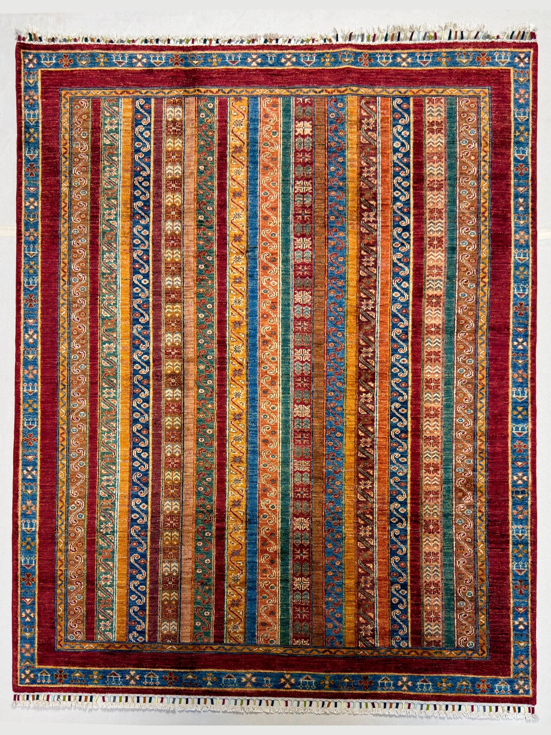 Red Red Banded Tribal Hand-Knotted Wool Rug