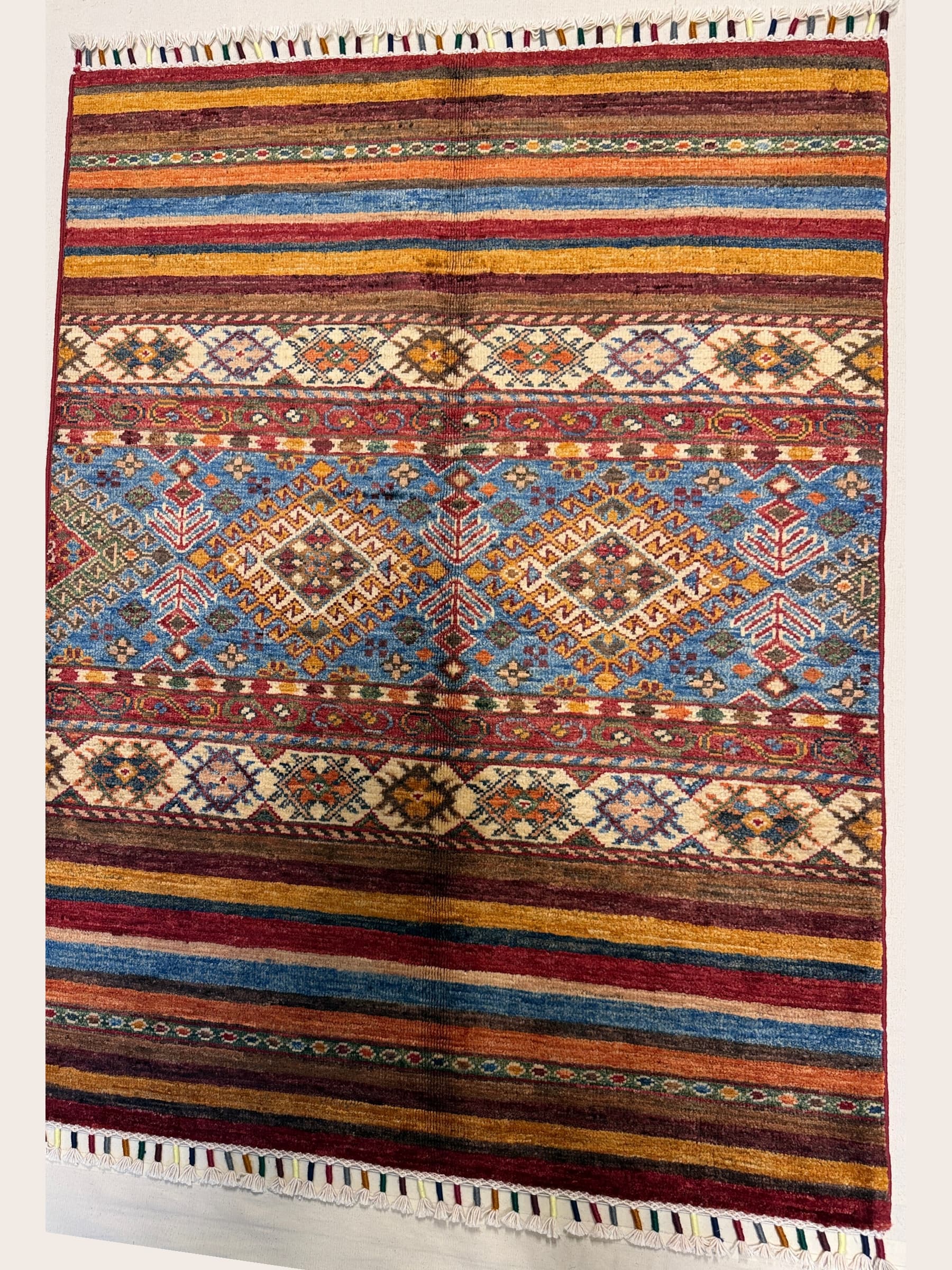 Navy Navy Banded Tribal Hand-Knotted Wool Rug