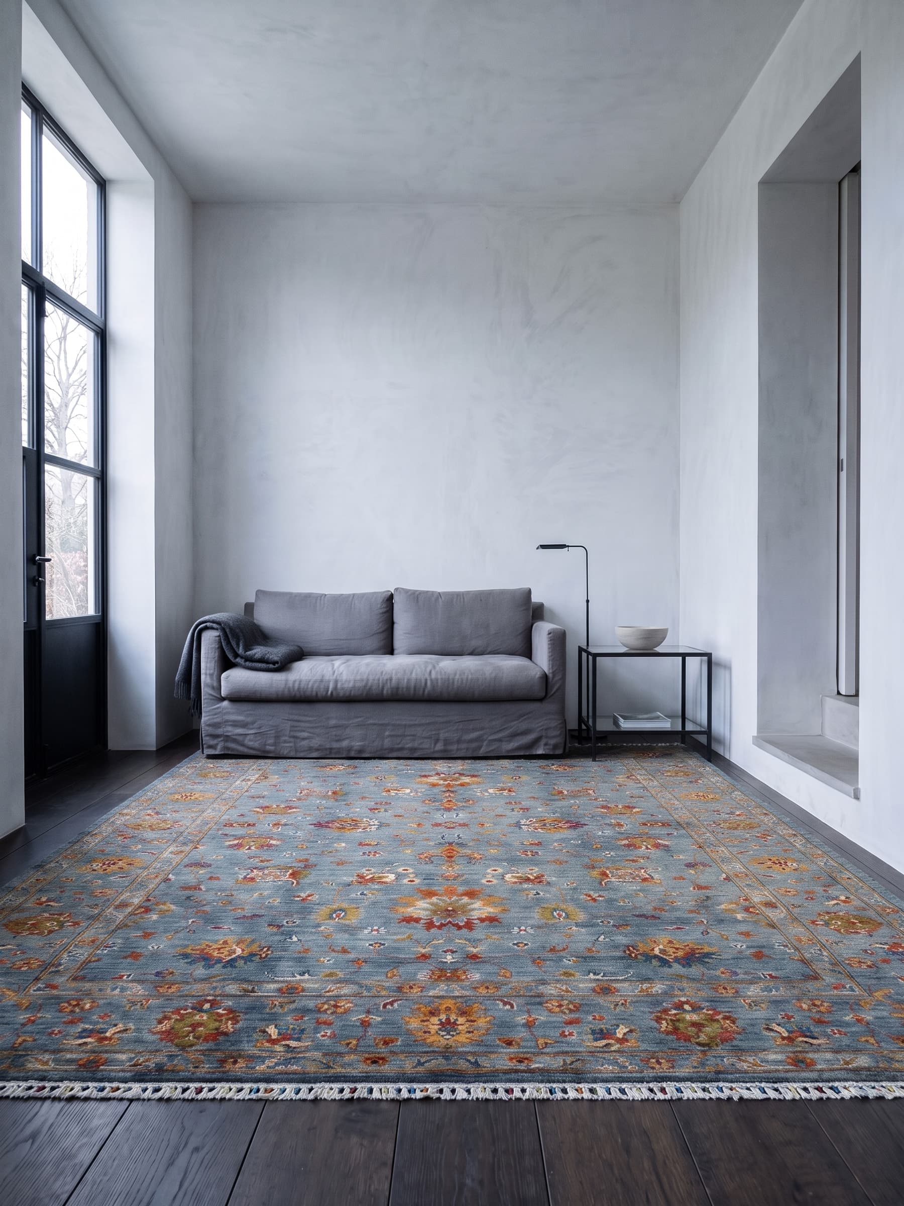 Grey Oushak Hand-Knotted Wool Rug — Room view