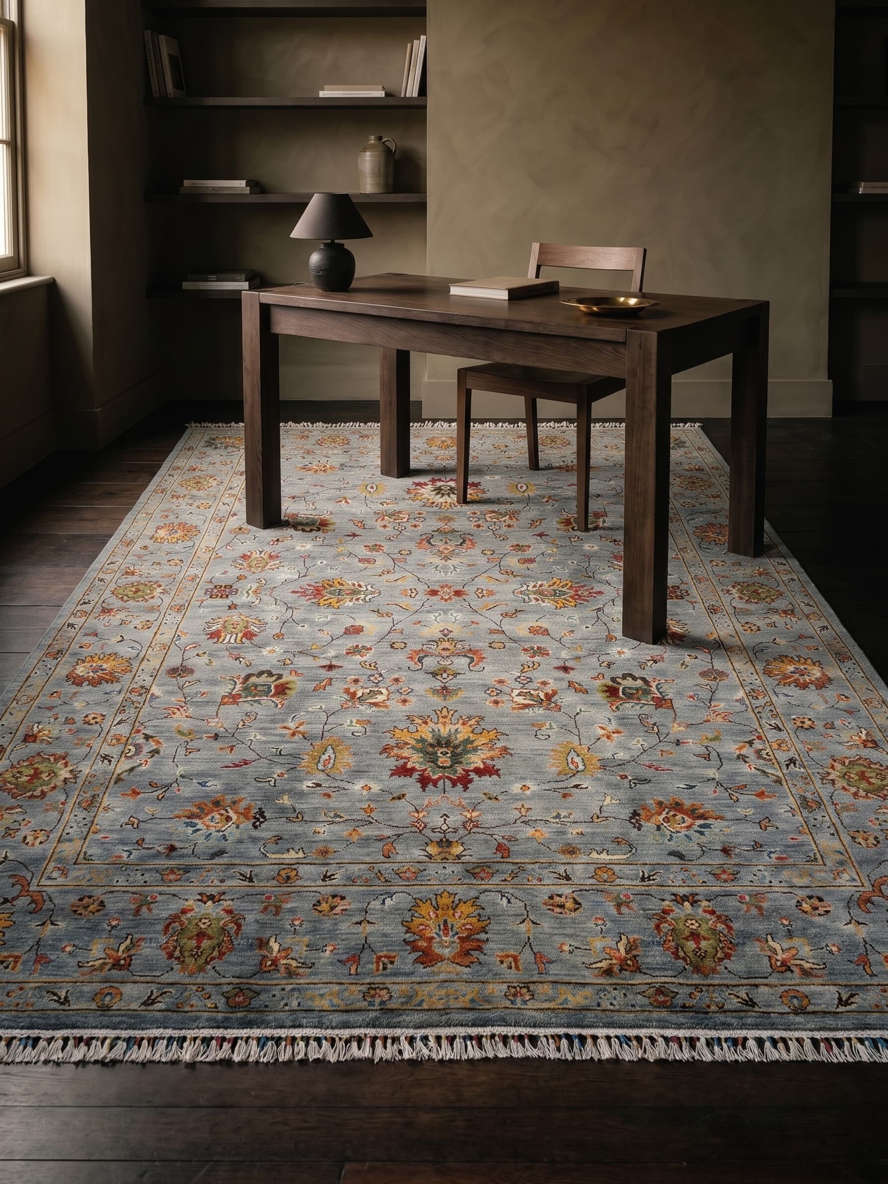 Grey Oushak Hand-Knotted Wool Rug — Room view