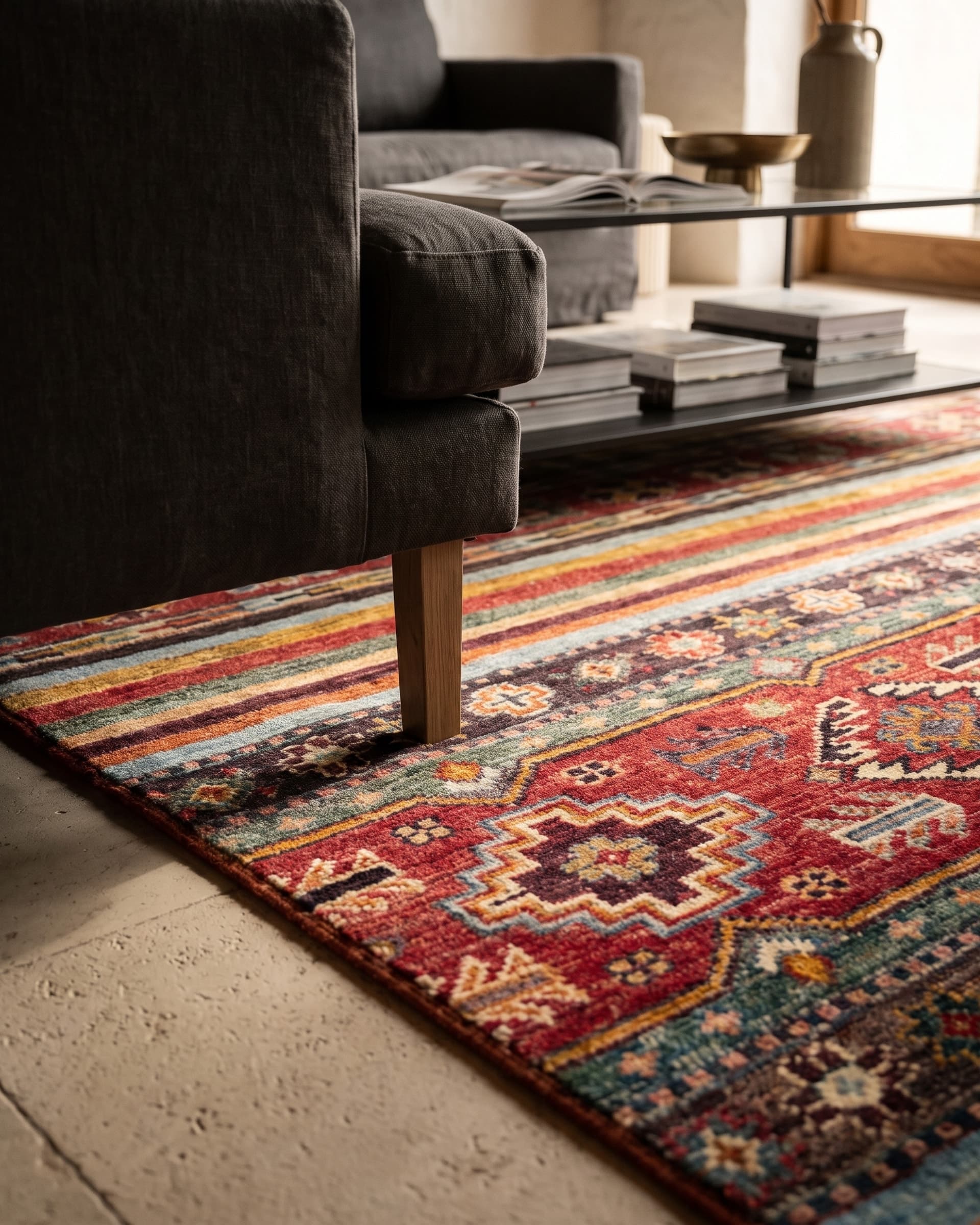 Red Banded Tribal Hand-Knotted Wool Rug — Detail