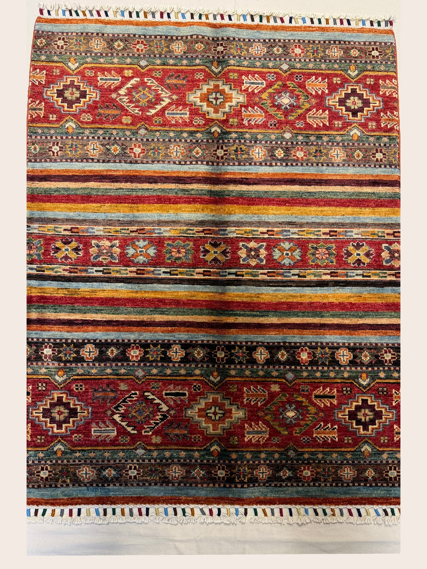 Red Red Banded Tribal Hand-Knotted Wool Rug