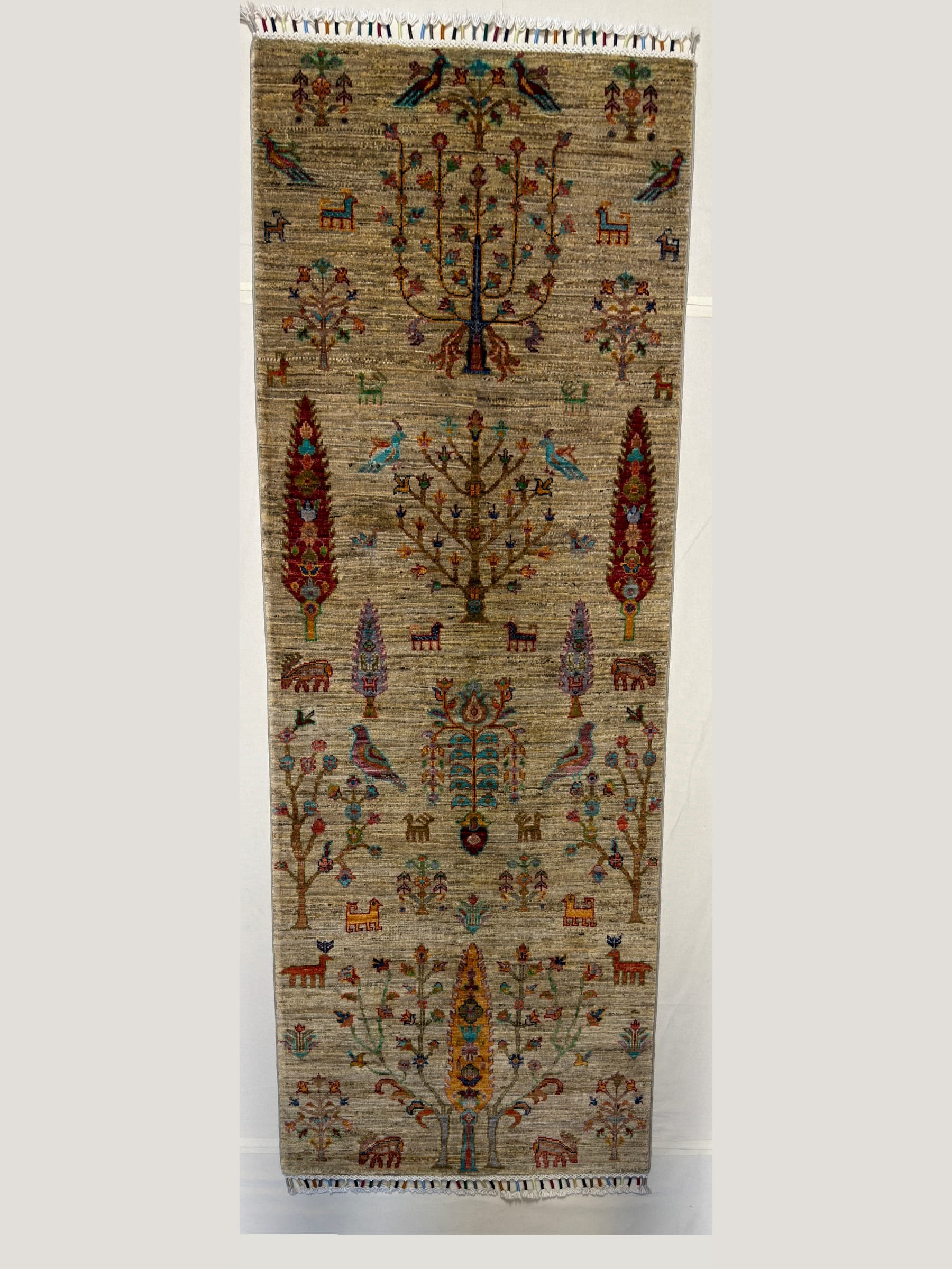 Beige Beige Tree of Life Hand-Knotted Wool Runner