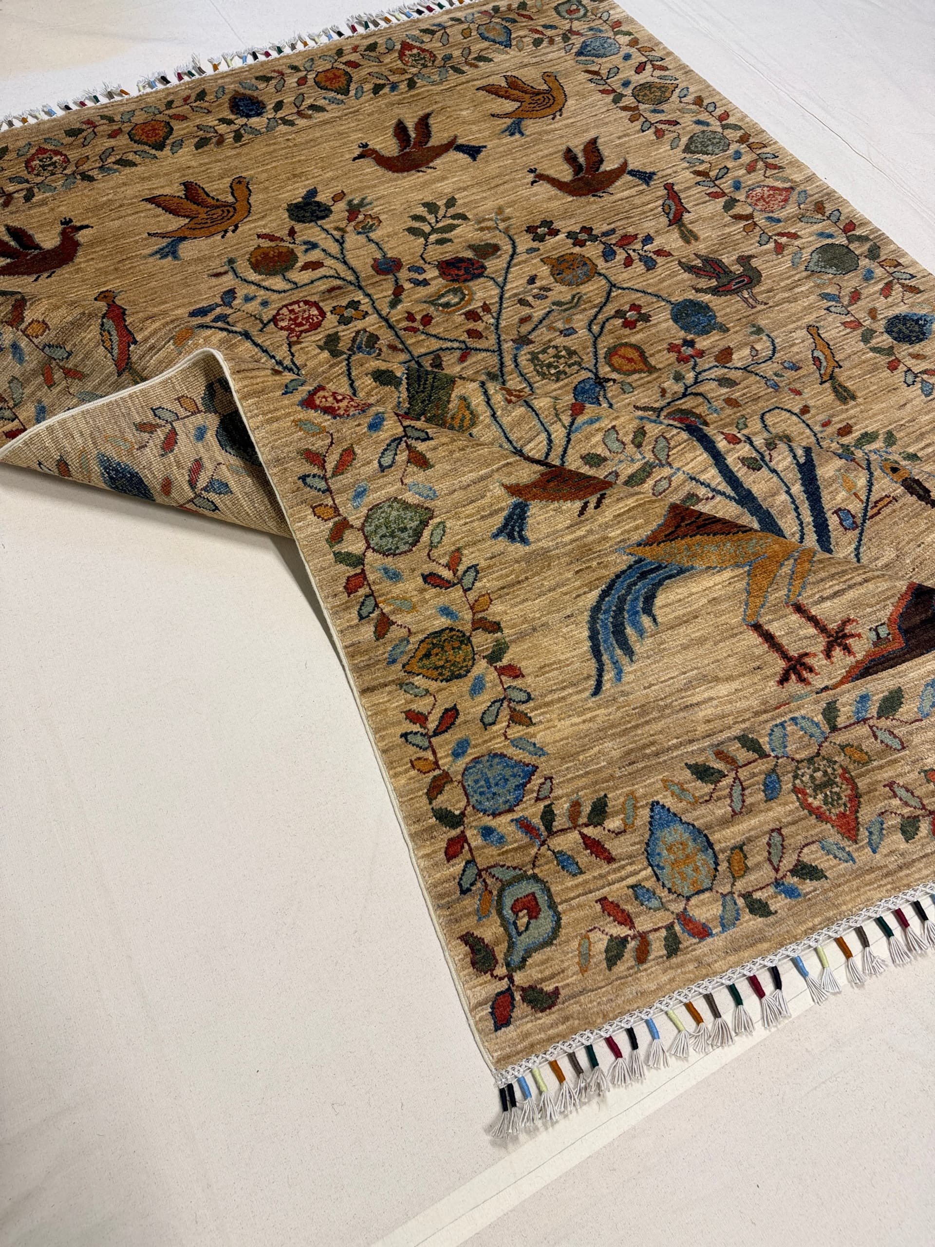 Ivory Tree of Life Hand-Knotted Wool Rug — Detail