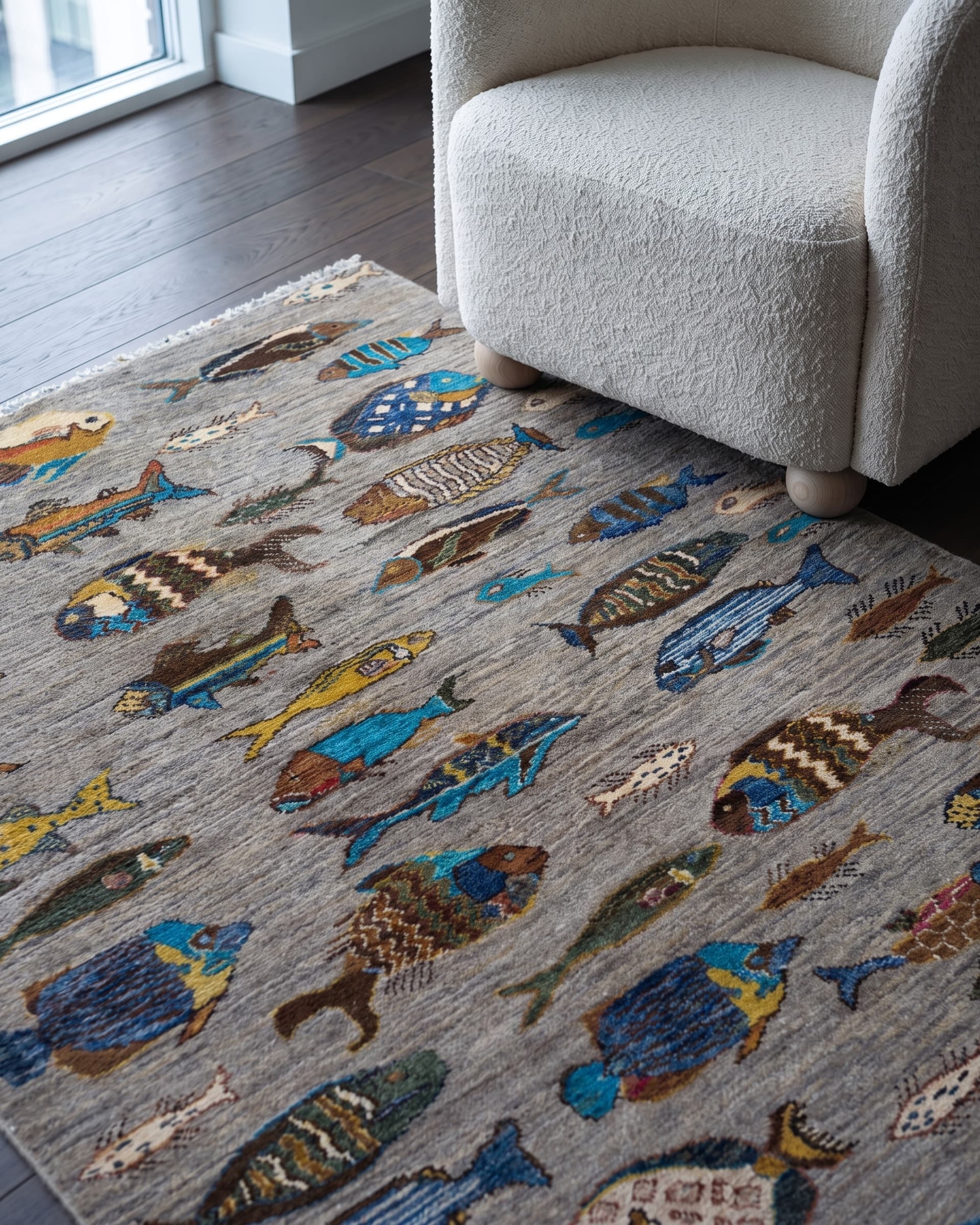 Grey Pictorial Hand-Knotted Wool Rug — Detail