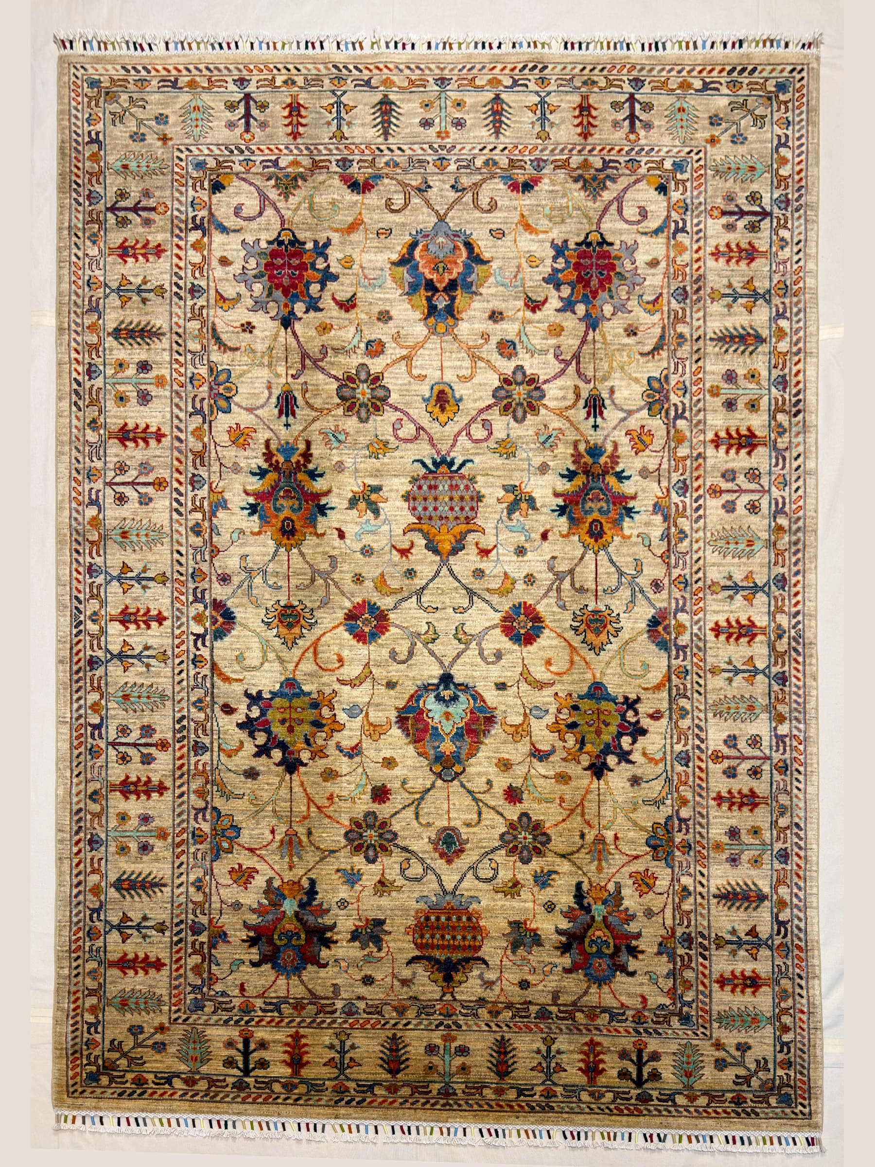 Beige Beige Oushak Hand-Knotted Wool Rug