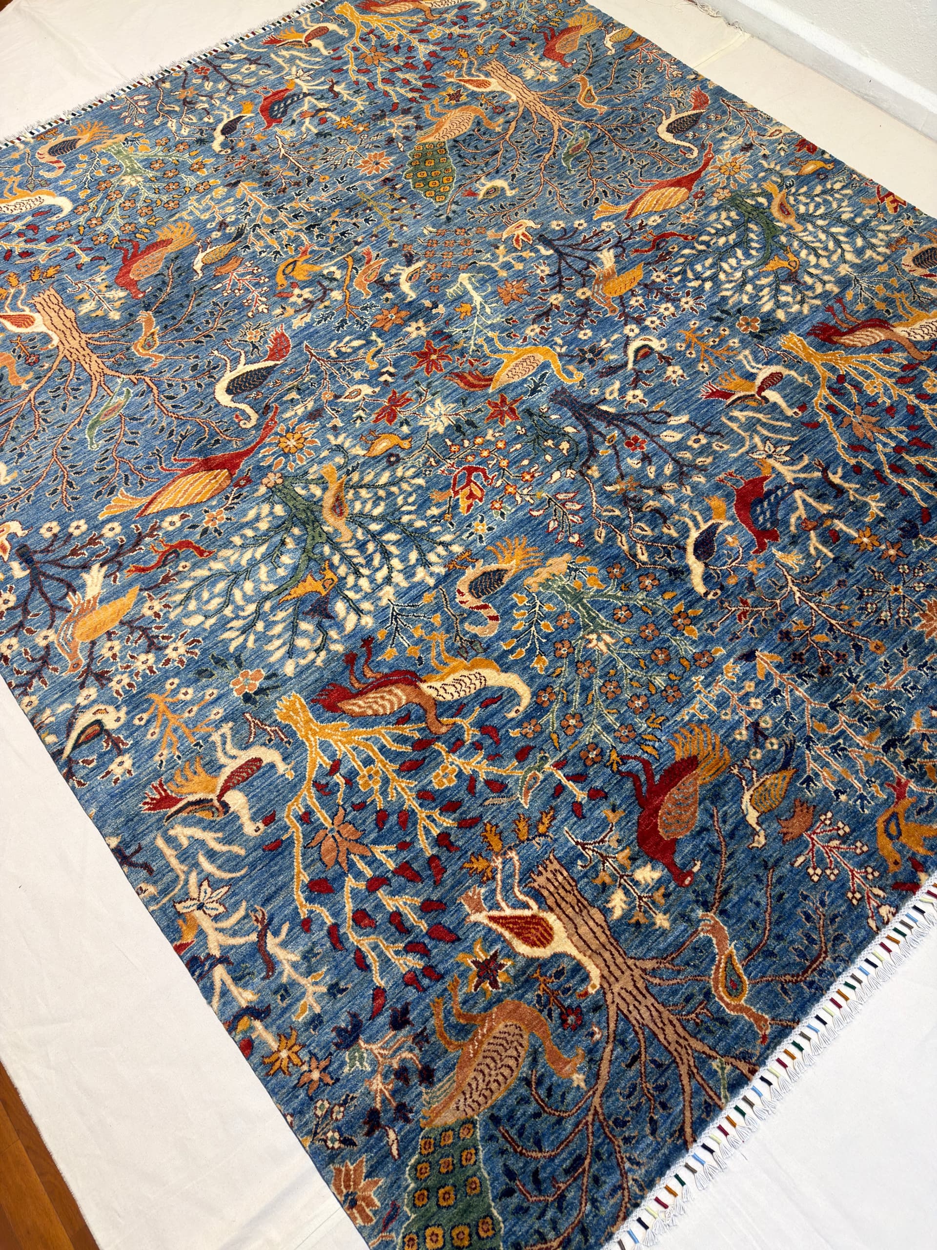 Navy Tree of Life Hand-Knotted Wool Rug — Detail