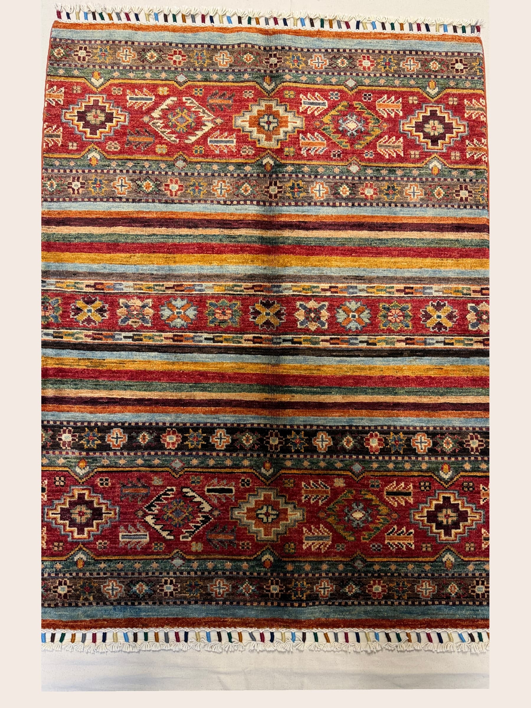 Red Red Banded Tribal Hand-Knotted Wool Rug