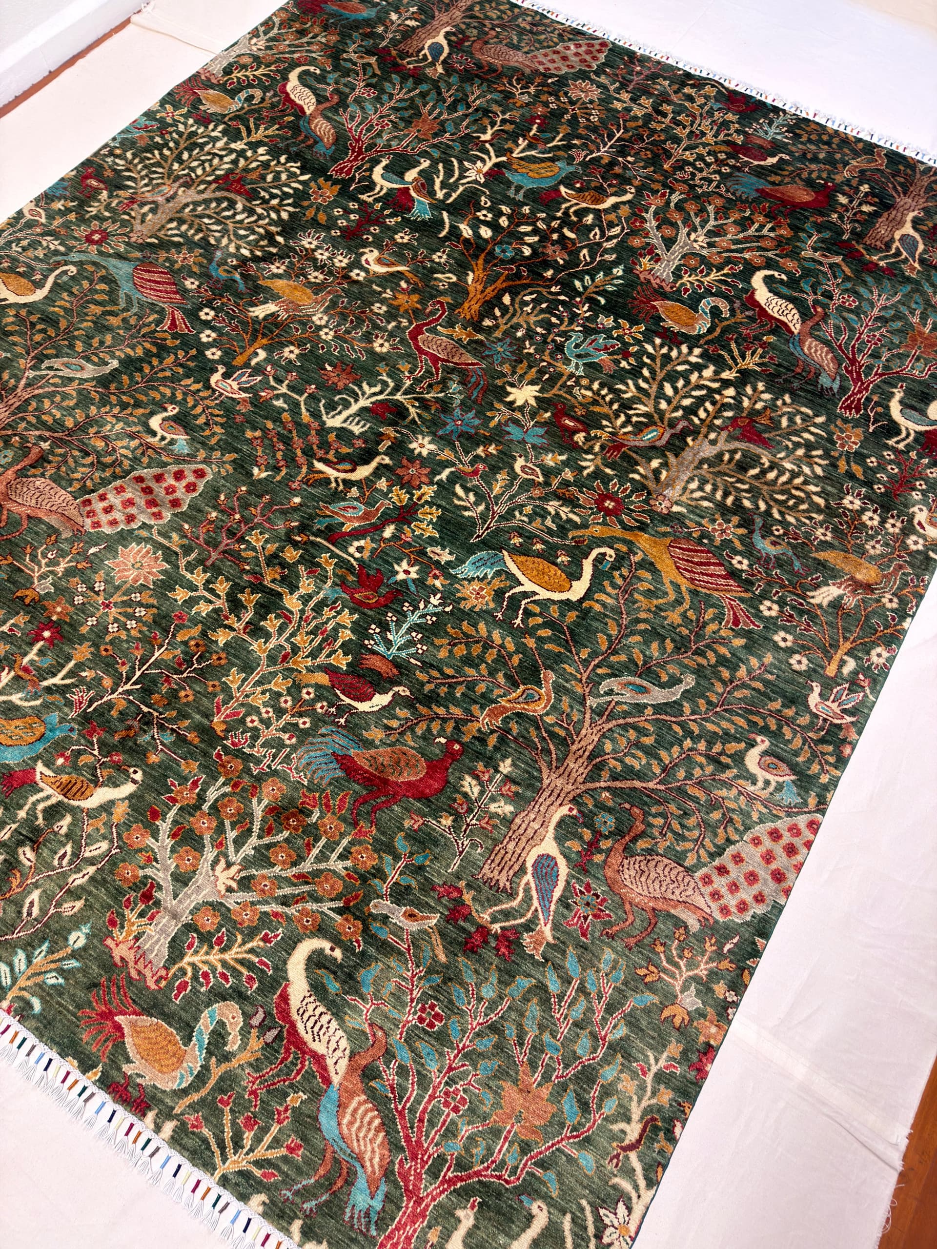 Green Tree of Life Hand-Knotted Wool Rug — Detail