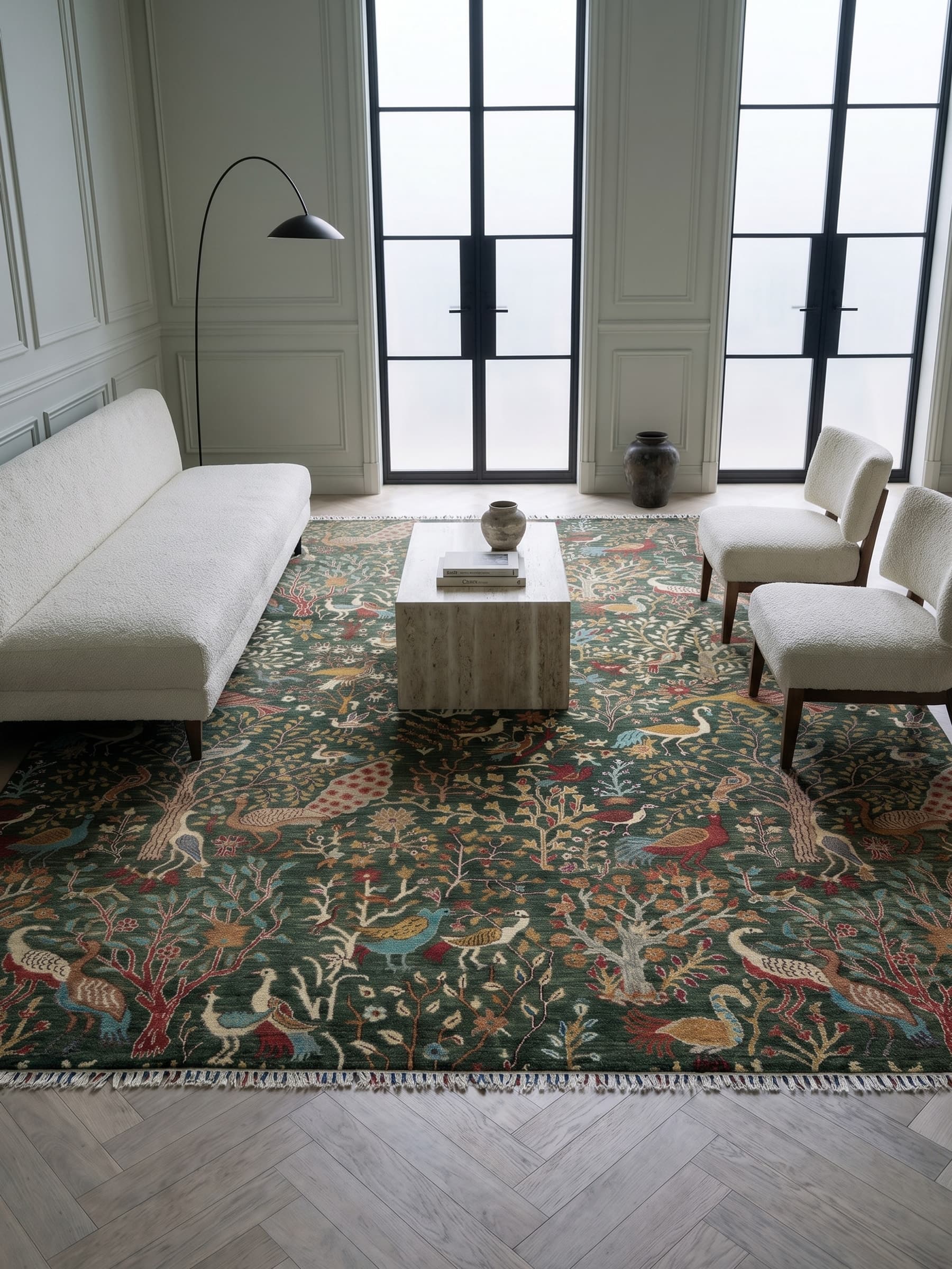Green Tree of Life Hand-Knotted Wool Rug — Room view