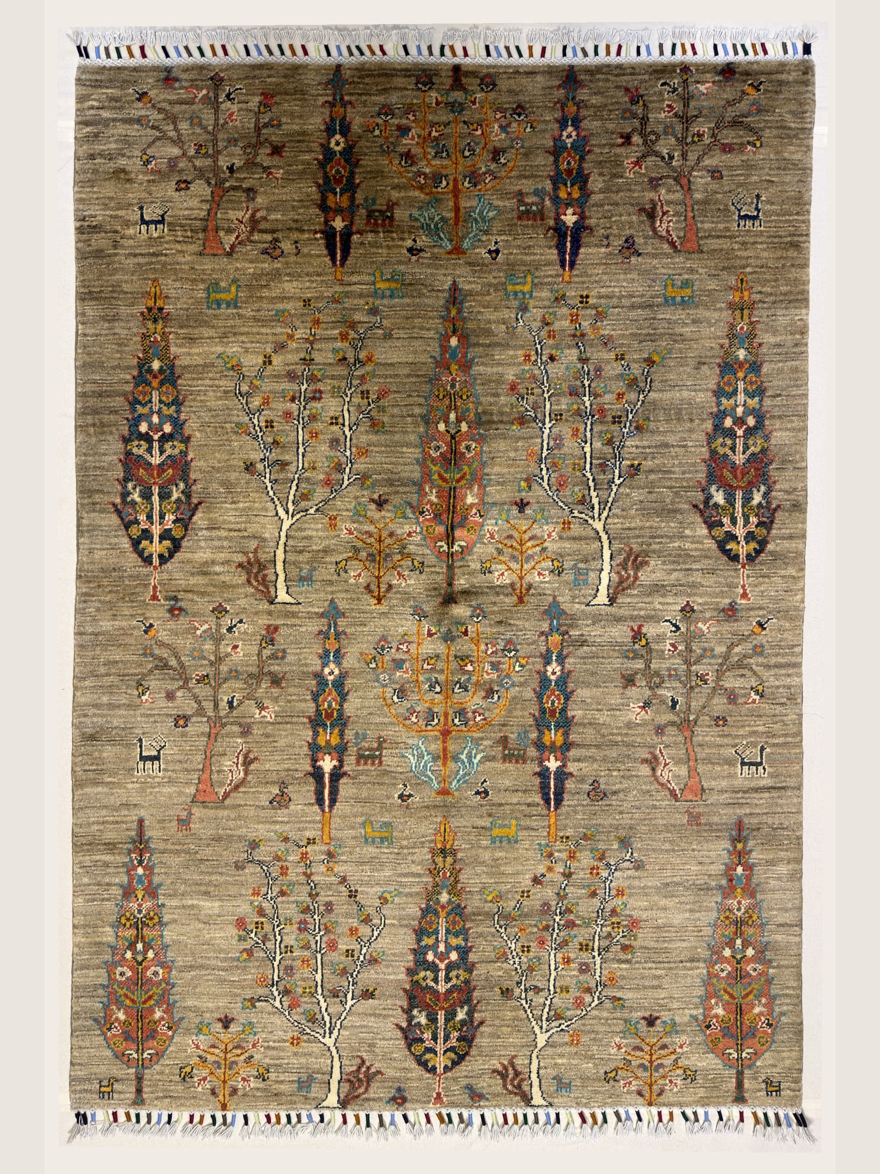 Beige Beige Tree of Life Hand-Knotted Wool Rug