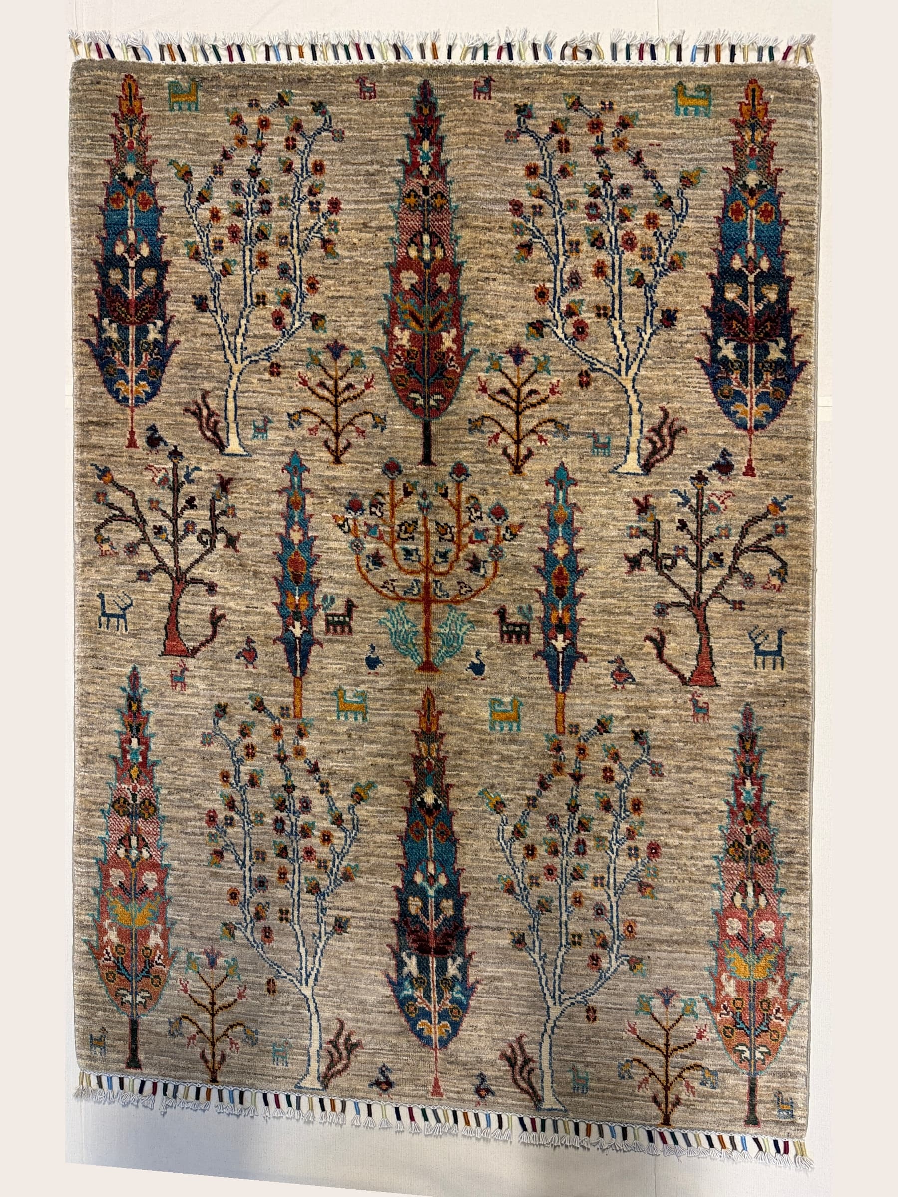 Grey Grey Tree of Life Hand-Knotted Wool Rug
