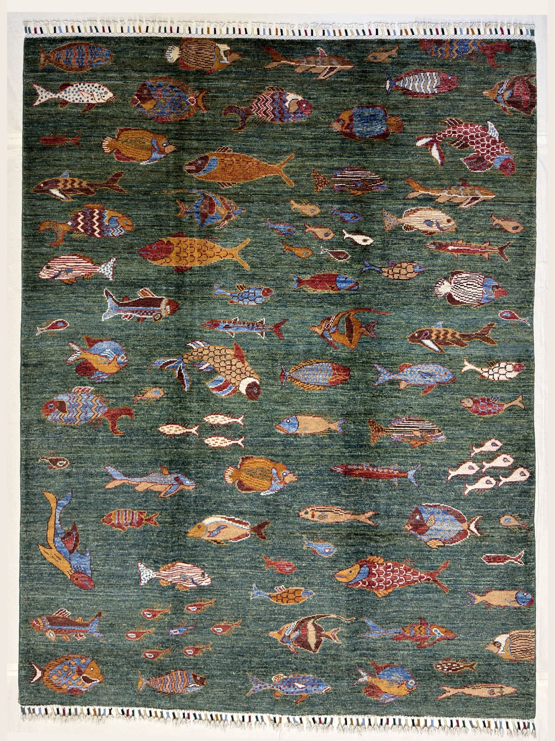 Green Green Pictorial Hand-Knotted Wool Rug