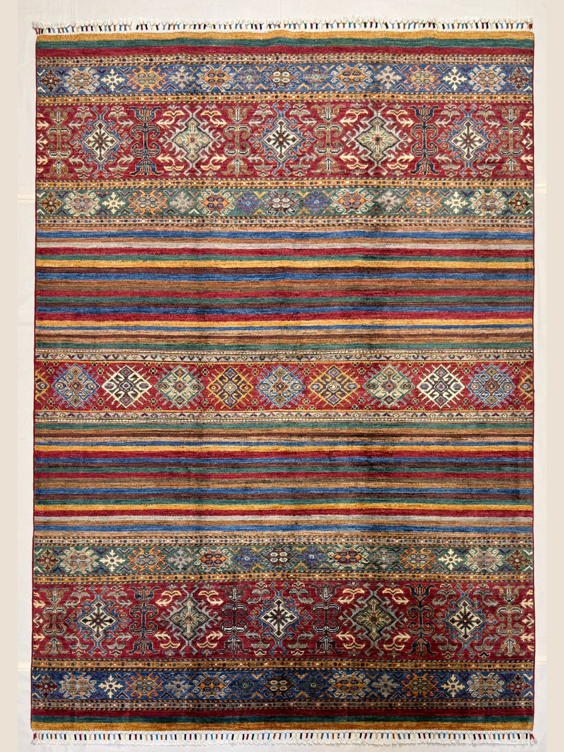 Red Red Banded Tribal Hand-Knotted Wool Rug