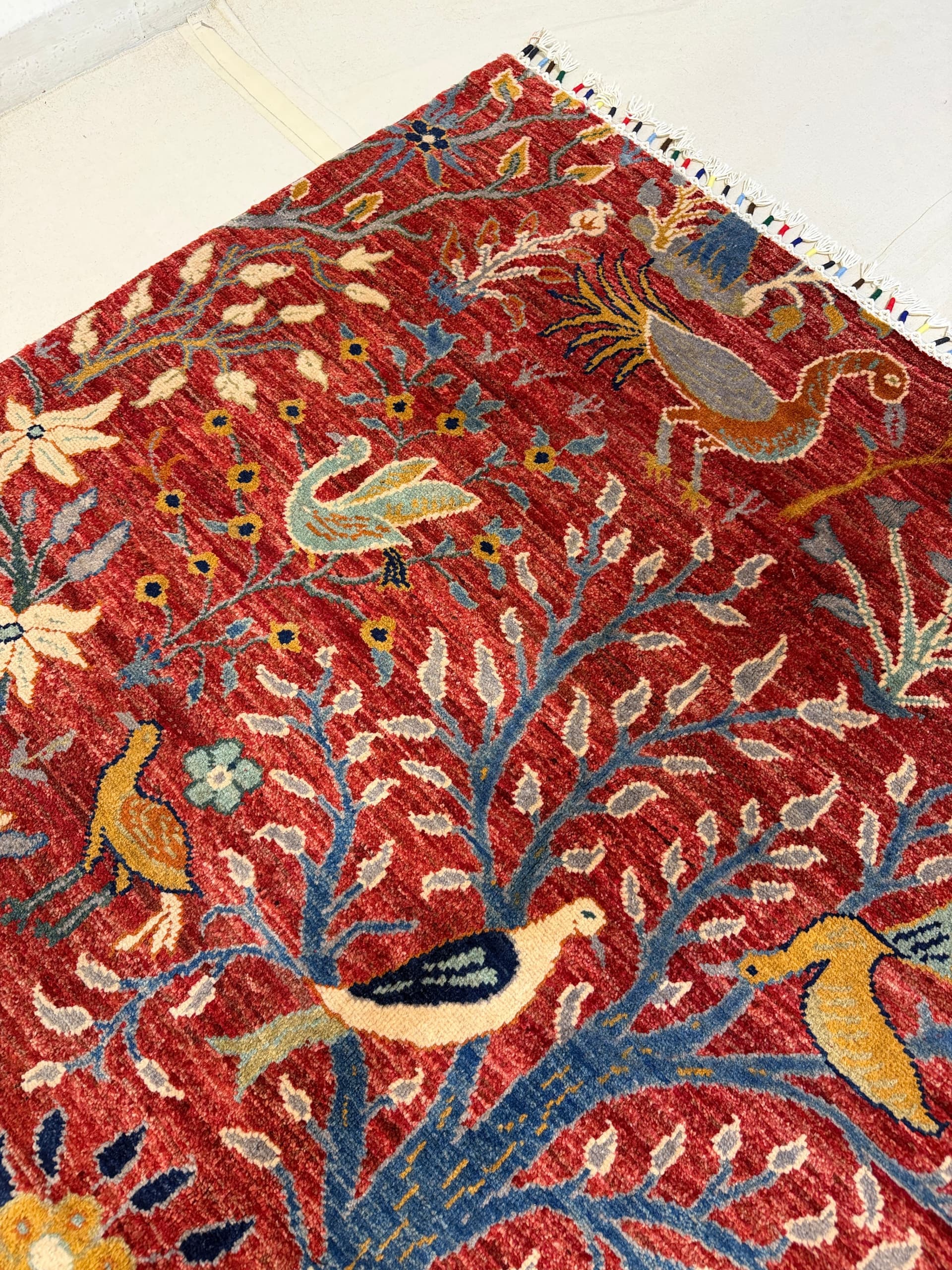 Red Pictorial Hand-Knotted Wool Rug — Detail