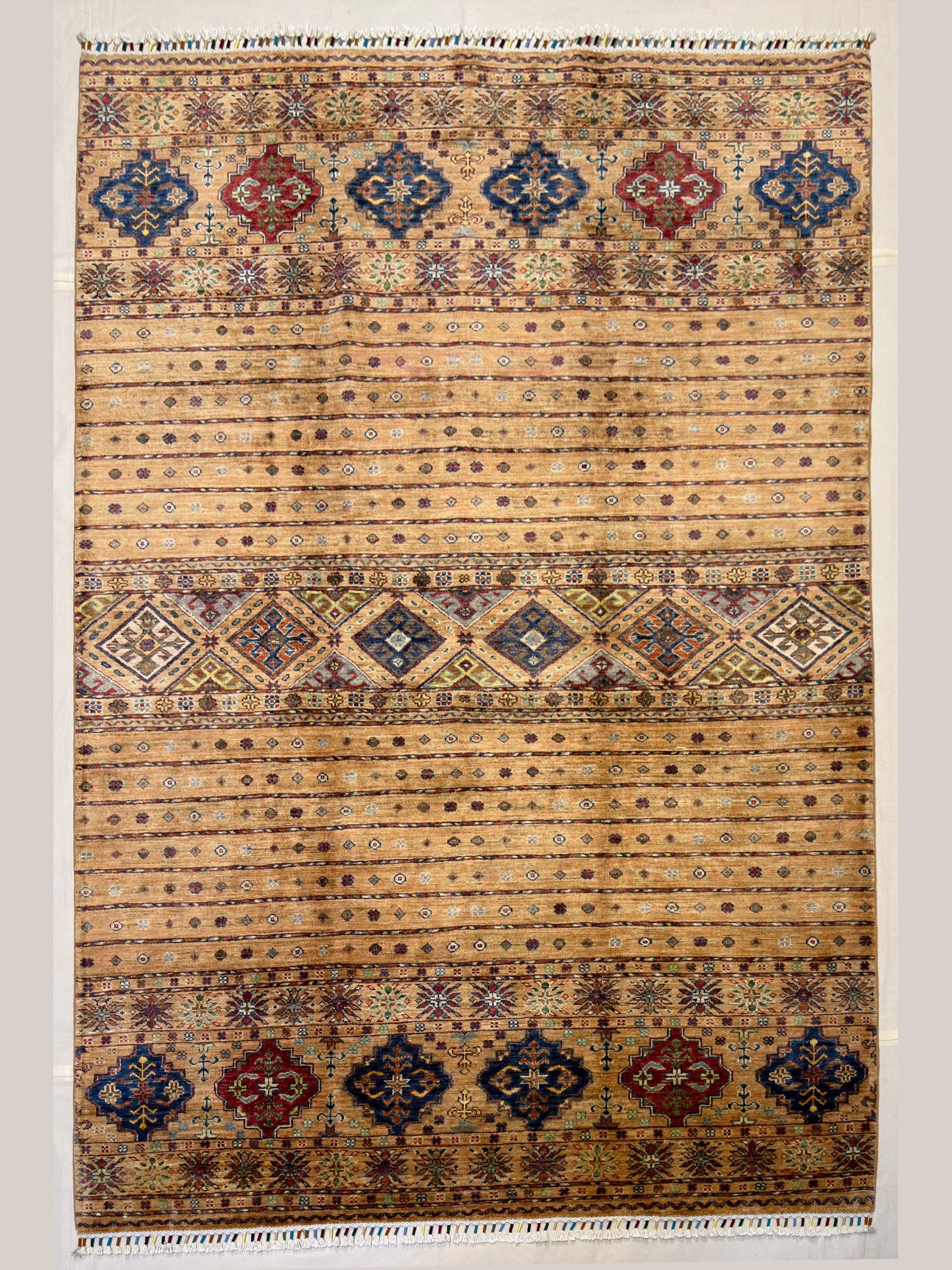 Gold Gold Banded Tribal Hand-Knotted Wool Rug