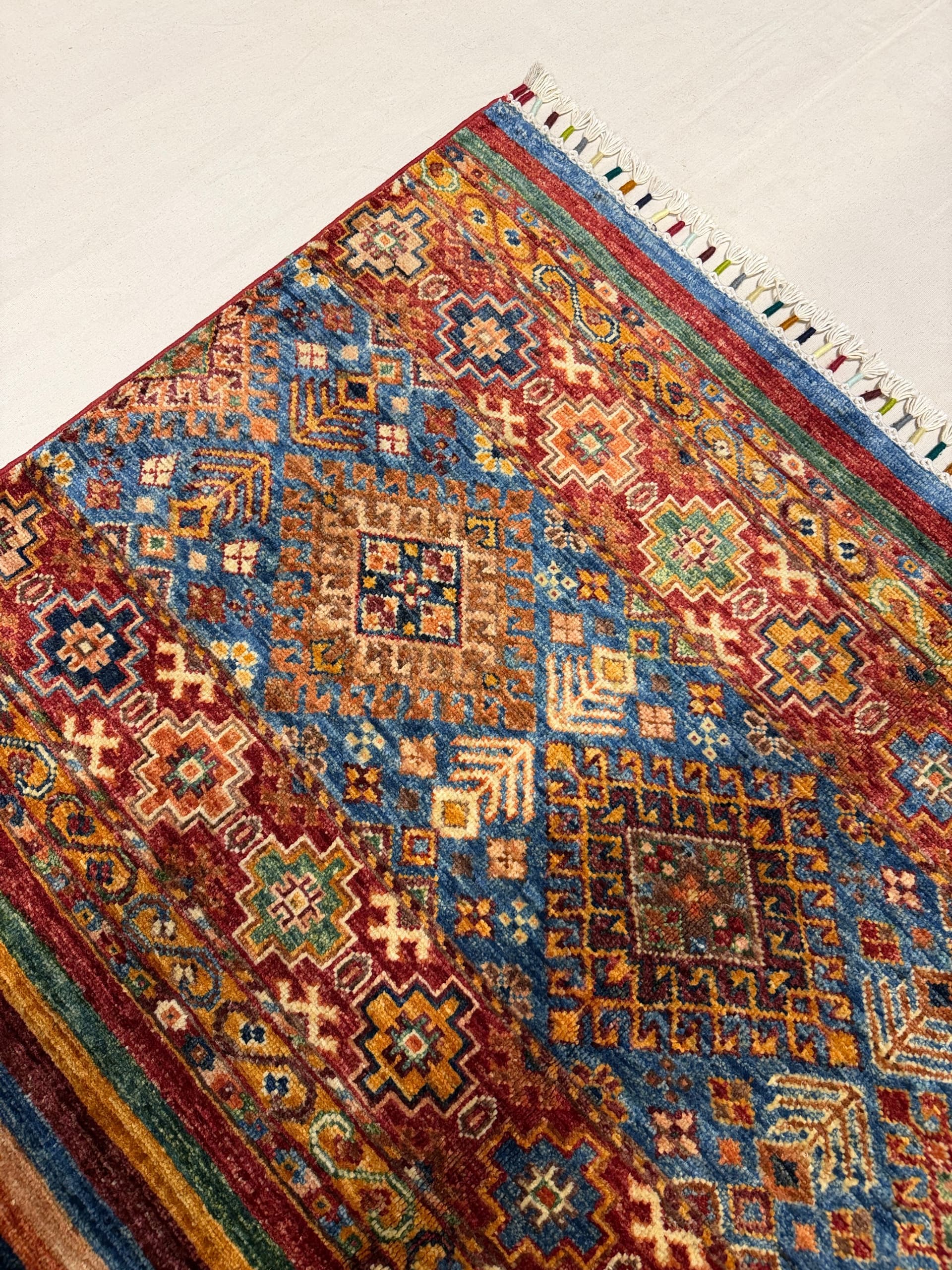 Red Banded Tribal Hand-Knotted Wool Rug — Detail