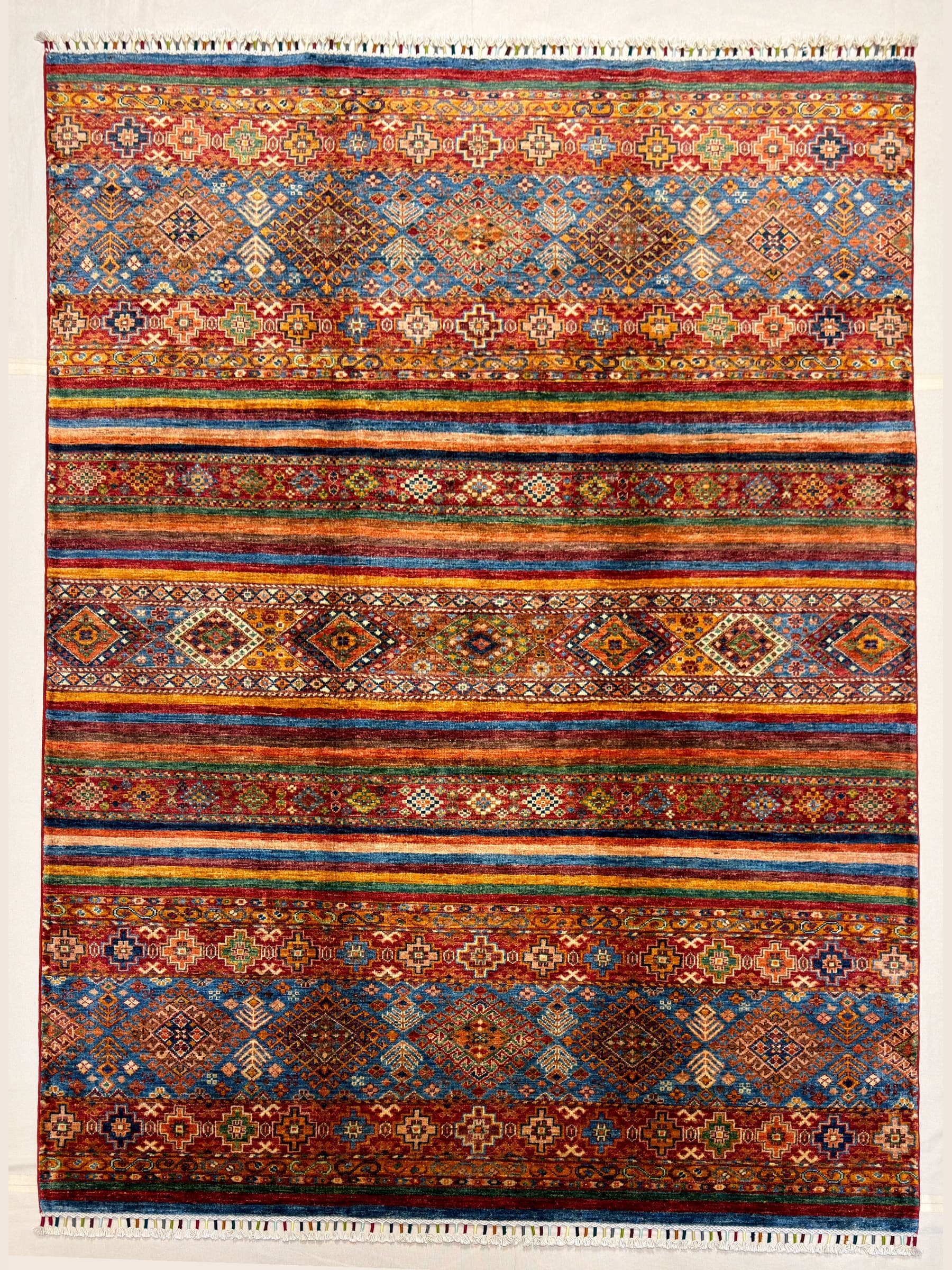 Red Red Banded Tribal Hand-Knotted Wool Rug